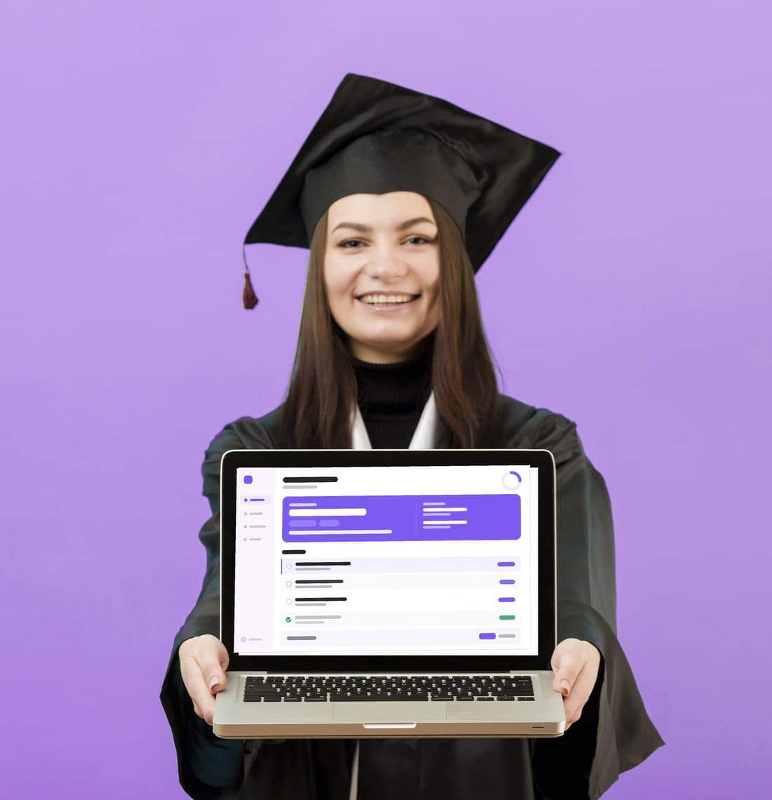 A graduating student holding a laptop showing the Navo dashboard